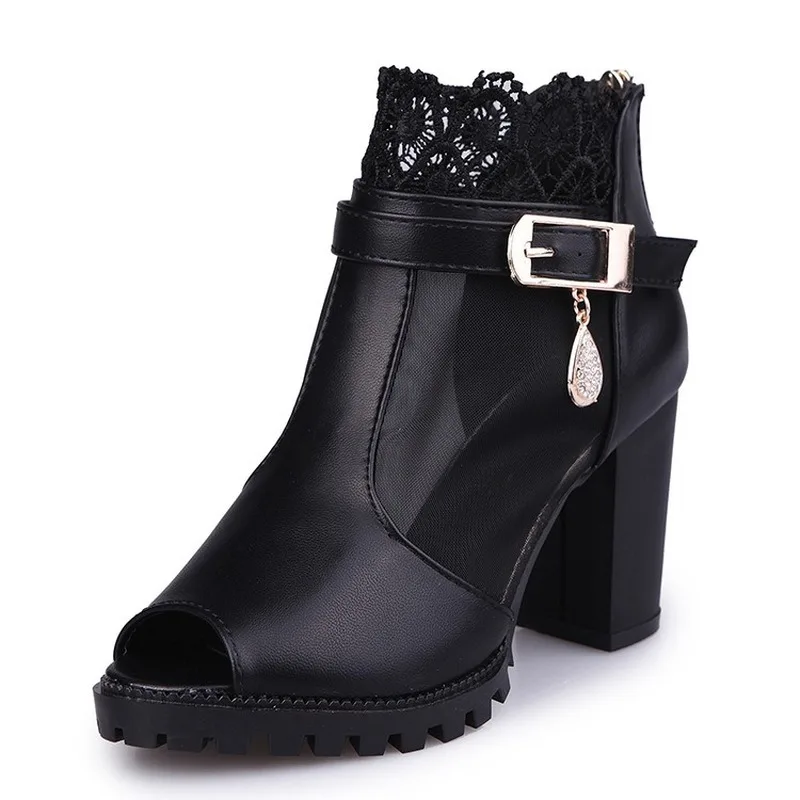 

Sexy Women Sandals Mesh Lace 8CM Square High Heel Summer Shoes Woman Pumps Sexy Flower Net Hollow Peep toe Gladiator Sandals