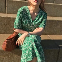 2020 summer high street fashion women v neck half sleeve chiffon dress elegant female dots printing mid calf high waist dress