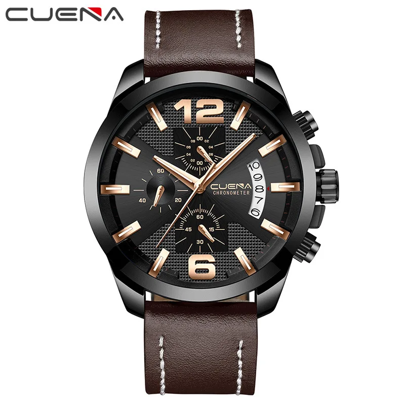 Coffee-Black CUENA мужские часы кварцевые часы Секундомер светящиеся стрелки из натуральной кожи ремешок наручные мужские часы Reloj Hombre - Цвет: Coffee-Black