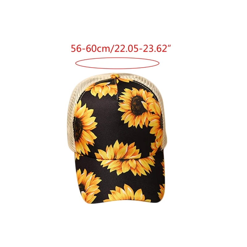 

Women Sunflower Rainbow Stripes Print Baseball Cap Mesh Splicing Hollow Out Criss Cross High Messy Bun Ponytail Dad Hat