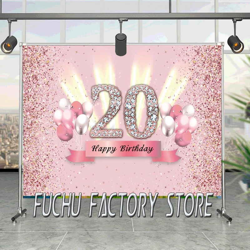 

Gliiter Number Customize 20 Pink Birthday Backdrop Women Adult Happy Birthday Party Banner Balloons Decor Photo Booth Background