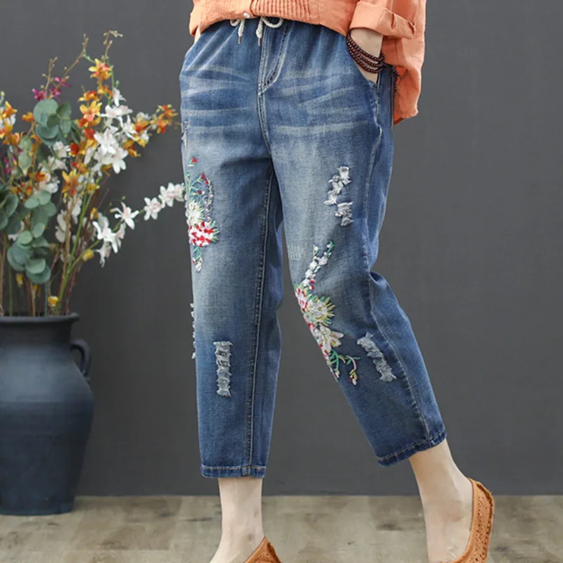 

XUXI Autumn New 2020 Women ,Elastic,cowboy,Pants, Women,Loose,Slim,Embroidery,Flowers,Vintage,High Waist ,Harem Pants FZ2348