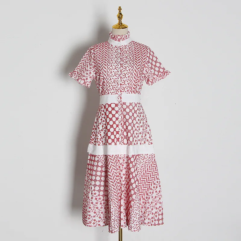 Женское летнее платье с вышивкой со стоячим воротником милое туника средней