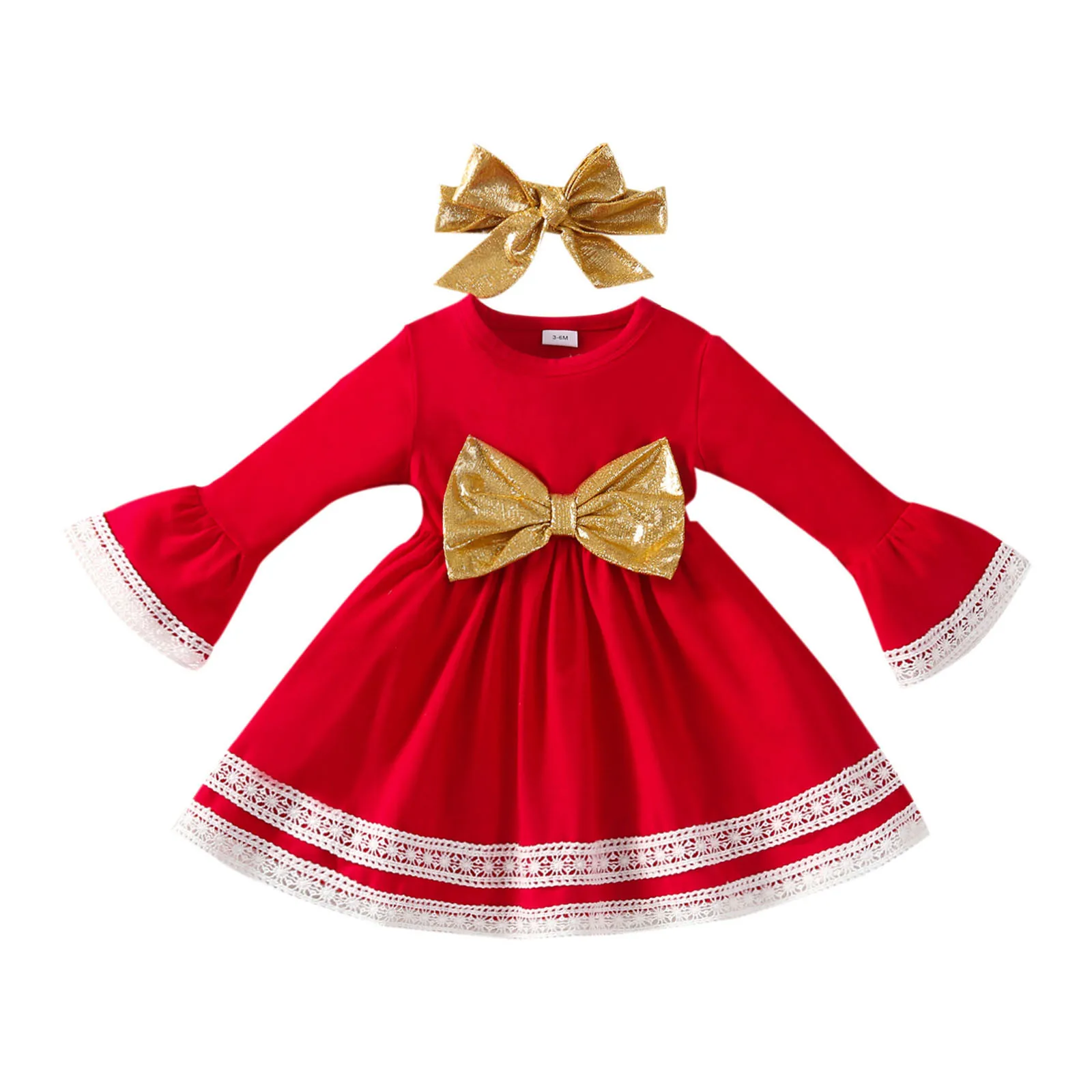 Baby Girls Red Christmas Dress Lace Bow Flare Sleeve Xmas Princess Infant Clothing New Year Party Dresses Toddler Clothes | Детская