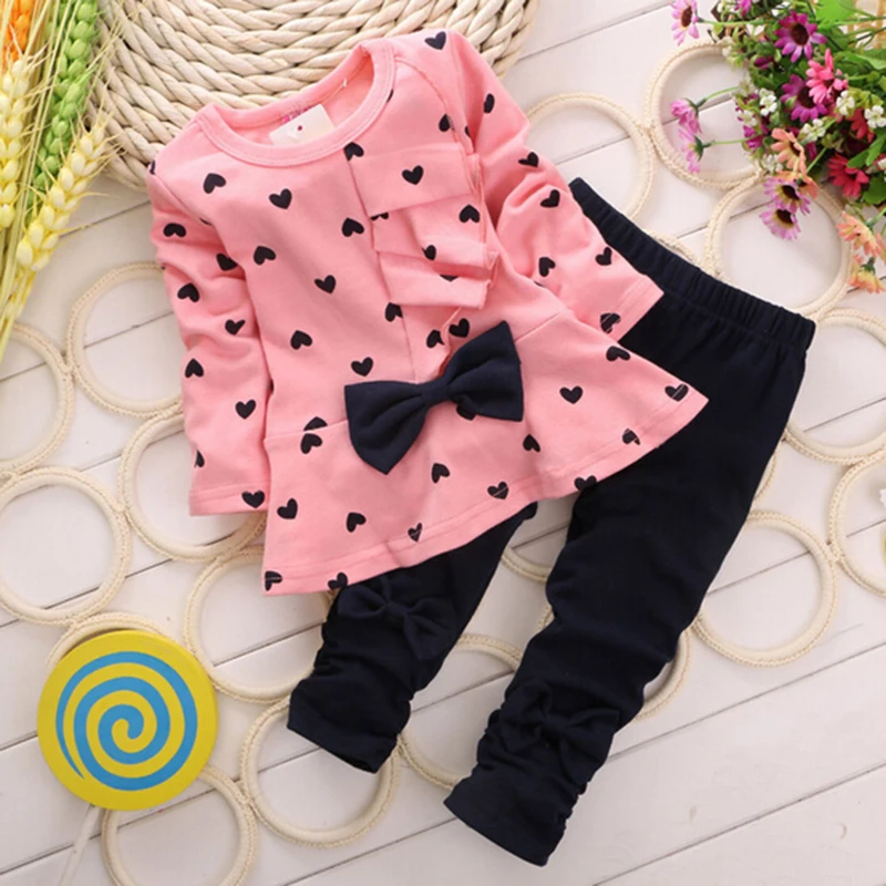 Winter New Fashion Girls Clothing Bow Dress Tops Leggings Kids Round Neck Polka Dot Sport Suits Baby Casual Outfit