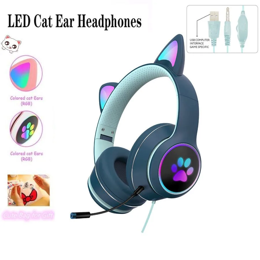 

Cute Cat Ear Headset Plug In Dual Microphone Wired Gaming Headphone LED Kid Girl Stereo Music Helmet Phone Earphone For Gift