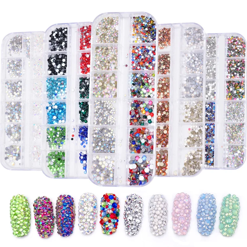 

Горячая Распродажа, 12 коробок/набор, стеклянные хрустальные стразы ss4-ss16, 3D Стразы для ногтей, аксессуары для дизайна ногтей