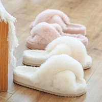 winter women flip flop shoes home bedroom indoor slides warm cross rabbit fur shoes memory foam fluffy plush cotton slippers