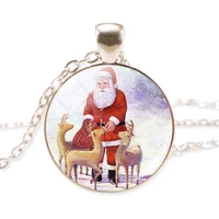 santa claus with elk art photo glass cabochon necklace silver plated chain men women christmas necklace