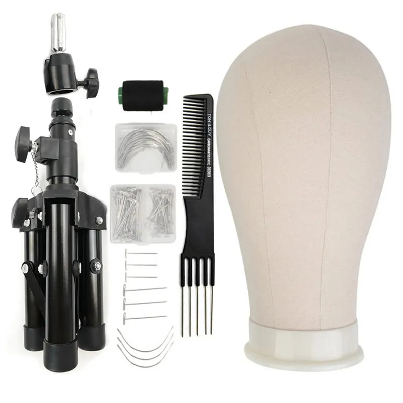 

22/23 Training Mannequin Head Canvas Block Head Display Styling Manikin Head Wig Stand with T Pins Needles with Tripod and Comb