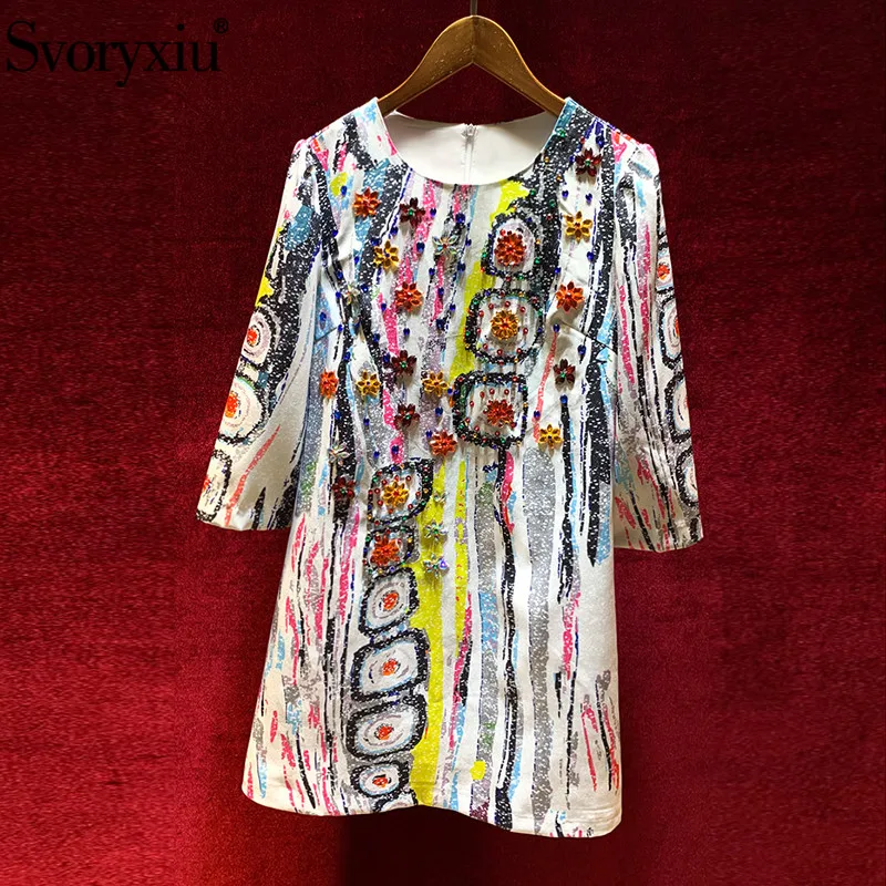 

Svoryxiu Runway Designer Autumn Fashion Short Dress Women's 3/4 Sleeve Print Crystal Diamond luxury Dresses Vestdios Female