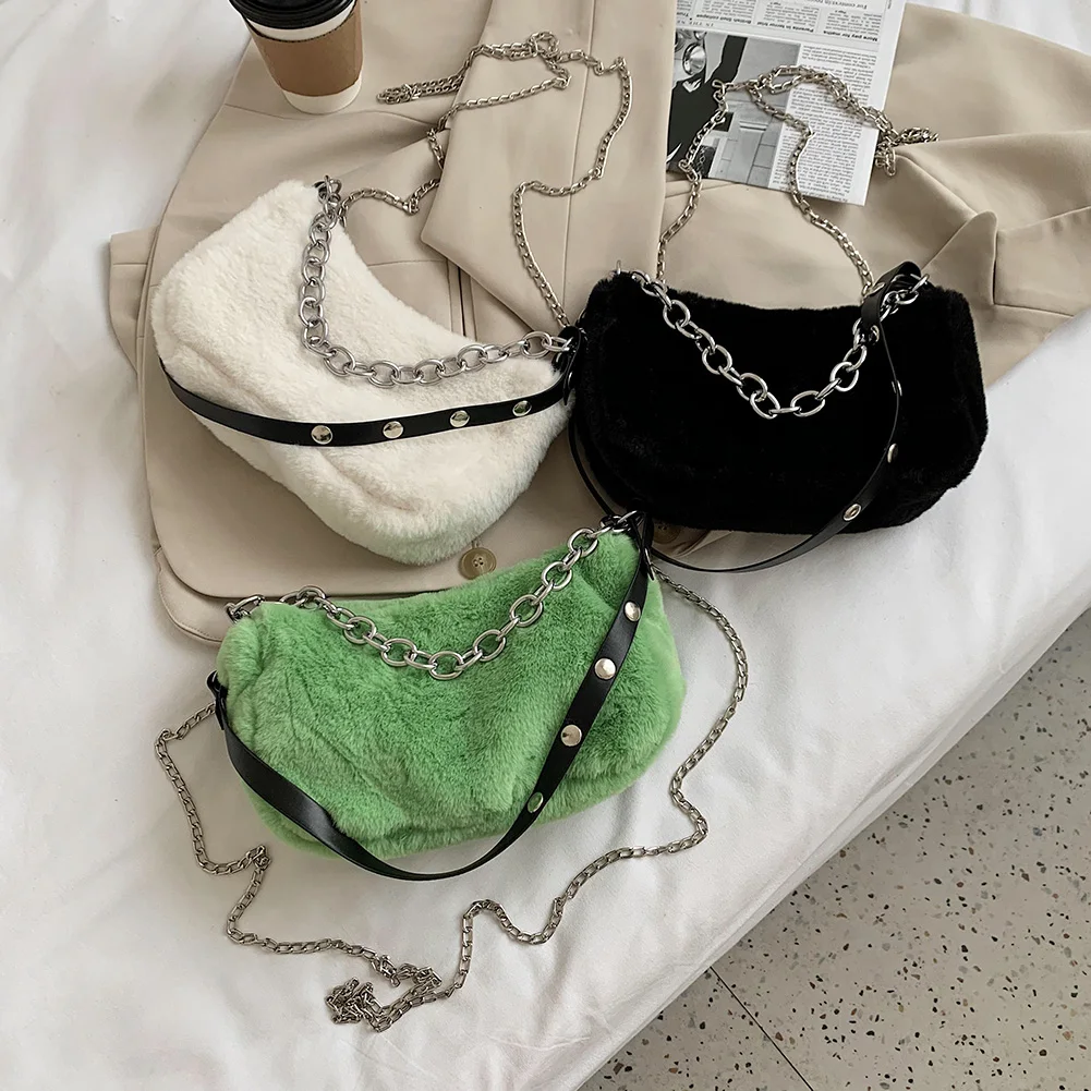 

Fashion Female Tote Solid Plush Shoulder Messenger Bag Autumn Street Chain Purse Popular Simple Female Daily Bag