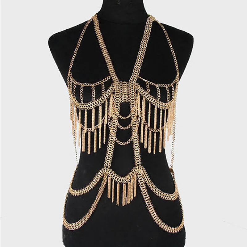 

Stage show party girl body chains costume women Body ketting fashion gold multilayer tassel bikini ketting necklace jewelry