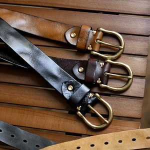 Handmade Classic Retro Style Pure Copper Horseshoe Buckle No interlayer Cowhide Men's Belt Genuine L
