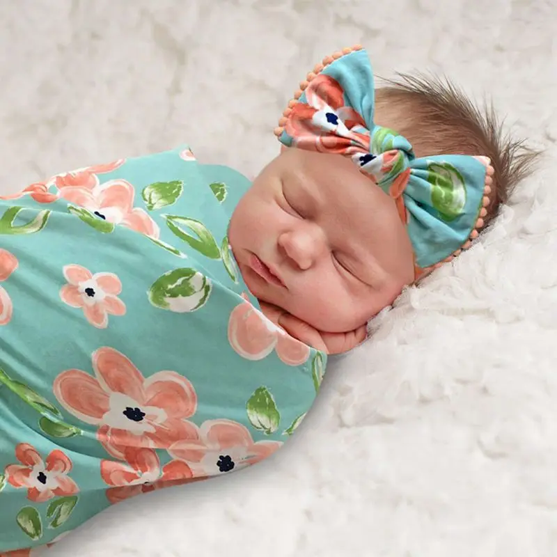 

2Pcs/Set Newborn Baby Receiving Blanket Headband/Hat Cotton Swaddle Wrap Towel