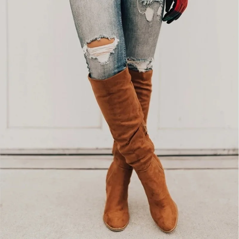 

Martins Boots Women Autumn Winter Flock Thick High Heeled Shoes Knee High Side Zipper Long Boots SLB003