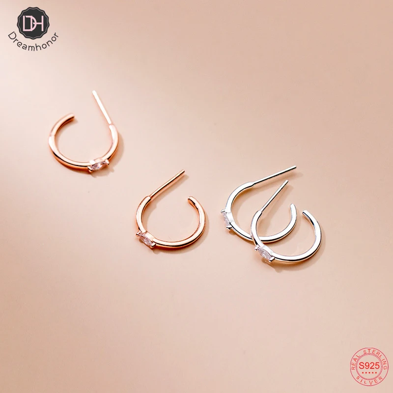 

Dreamhonor 925 Sterling Silver Zircon C Shape Circle Round Stud Earrings Trendy Women Gifts