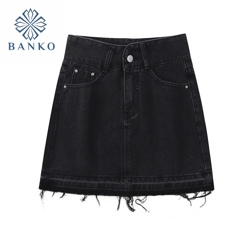 

Black Rough Edge Denim Skirt For Women's 2021 Summer Gothic High-Waisted Casual A-Line Denim Short Skirts Y2K Punk Female
