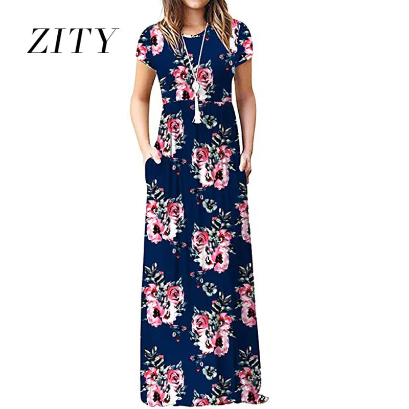 

ZITY 2021 Summer Long Short Sleeve Printed Pocket Women's Dress Elegant Temperament Party Evening Dress Casual Loose Robe