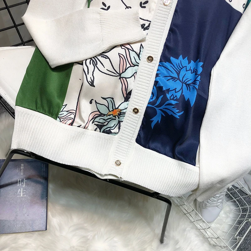 ALPHALMODA Европейский с v-образным вырезом атласный свитер с принтом пэчворк вязаный искусственный однобортный пуловер осенний модный топ с длинными рукавами