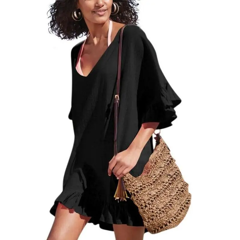

Women's Swimwear Cover Ups V Neck Ruffles Short Sleeve Beach Cover-Up