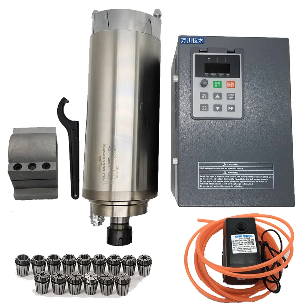 

5.5KW Water Cooled Spindle Motor 220V 24000rpm +Spindle Inverter +Water Pump +Holder + ER25 Collets Kit for CNC Engraving Router