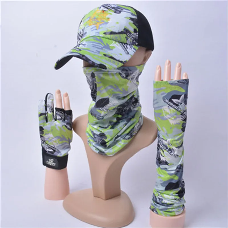 

New Cool Feeling Ice Silk Autumn Camouflage Sun Protection Fishing Hats arm Sleeves fishing Scarves Three-finger Cut Gloves