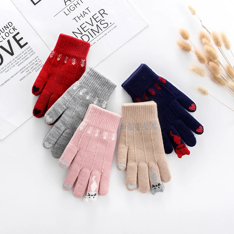 1 пара женские зимние вязаные перчатки с принтом котят | Аксессуары для одежды