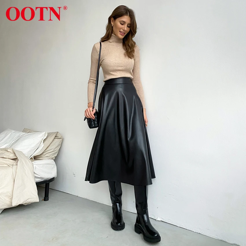 

OOTN Повседневная кожаная юбка для женщин осень Уайлд высокая талия, элегантное платье-трапеция из искусственной кожи Офисная Женская юбка в ...