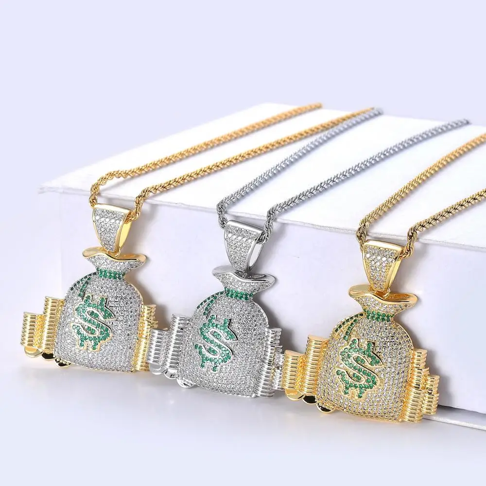 Iced Out Bling хип-хоп знак доллара сумка Шарм кулон Micro Pave лаборатория наличные МОНЕТЫ