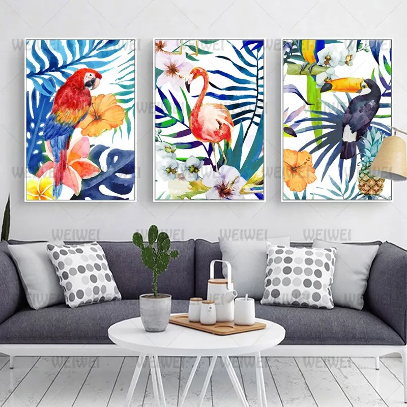 

Home Decor Cuadros Poster and Print Watercolor Canvas Painting Parrot Flamingo Modular Nordic Wall Art Picture Weiwei