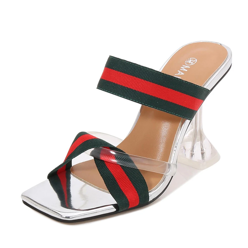 

Designer Women Sandals High Heels Slippers Mules Shoes Casual Striped Riband Wedding Party Show Ladies Dress
