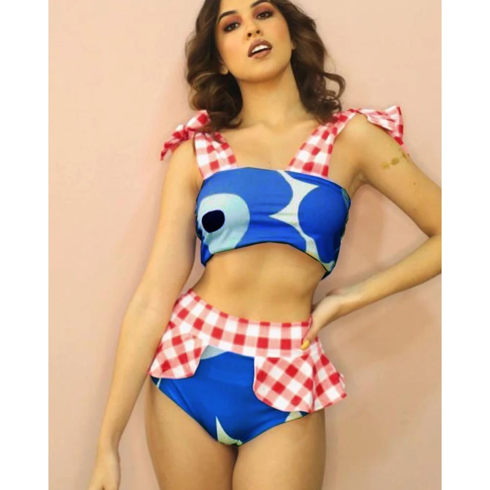 

Sexy Plaid Strappy Halter Bikinis Women Swimsuit Abstract print Swimwear High Waist Bathing Suit Beachwear Biuiqni female