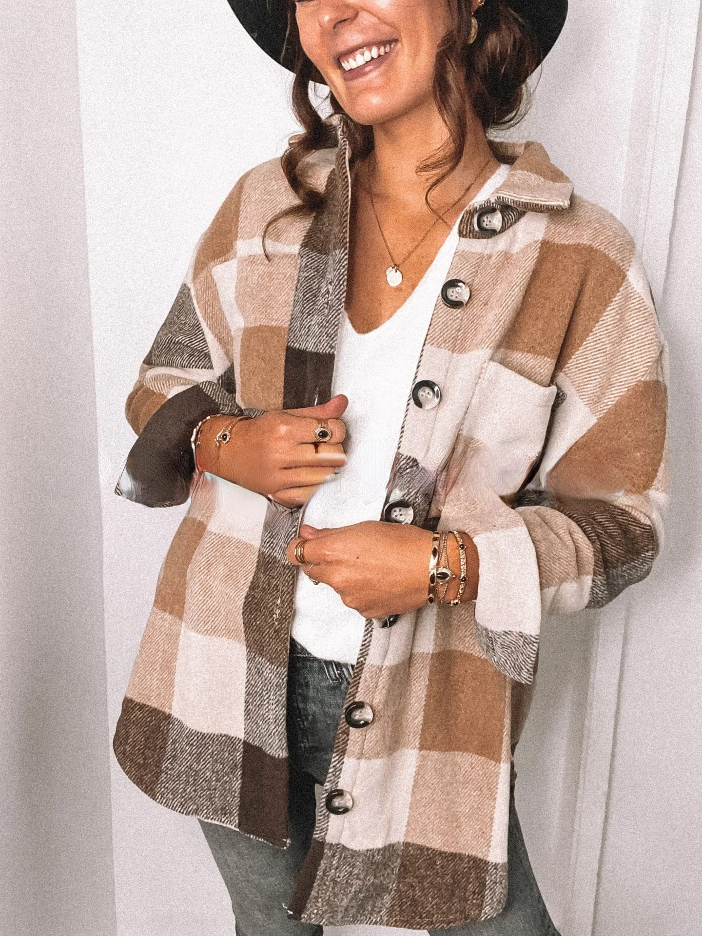 

2021 autumn casual women's long sleeve Lapel loose shirt Plaid Wool Coat