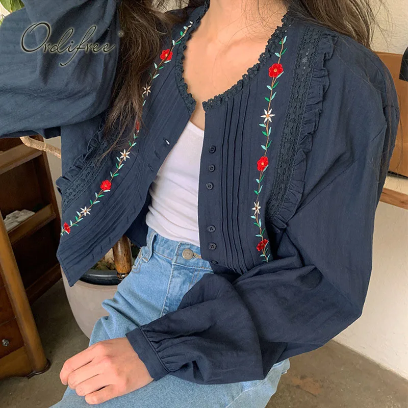 

Unireal 2021 Summer Vintage Floral Shirt Blouse Embroidery Flower Loose Casual Retro White Blouse Tops