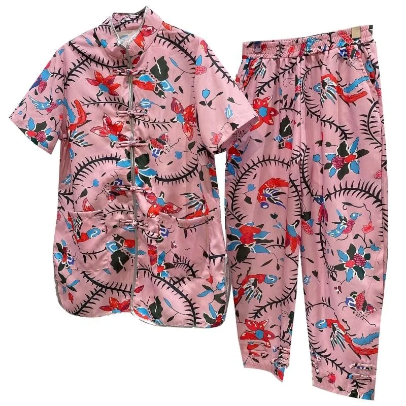 

Women Retro Chinese Style Disc Button Short-sleeved Top Long Pants New Two Piece Set Fashion Spring Summer 2021 X007