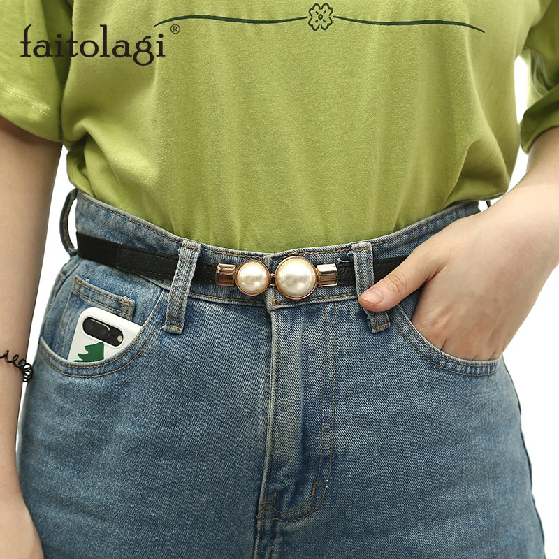 Ремень из искусственной кожи Женский тонкий эластичный пояс с двумя жемчужинами