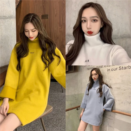 

Women 2019 Autumn And Winter Warm Dress Solid Color High Collar Loose Fashion Dress Oversize Long Sleeve Knit Dress