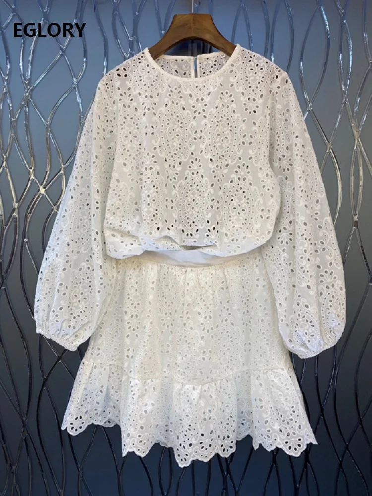 

2021 Spring Summer Fashion 2 Piece Set Women Hollow Out Embroidery Long Sleeve Tops Blouse+A-Line White Black Mini Skirt Suits