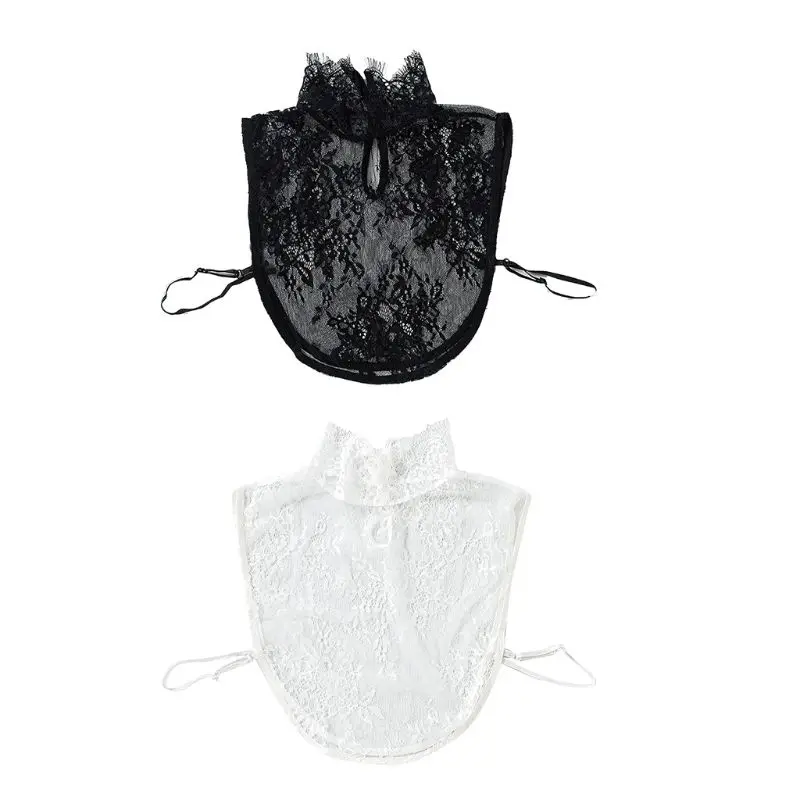

Korean Lady Decorative Black White Fake Collar Sheer Hollow Out Floral Lace High Neck Ruffles Detachable Pullover Half-Shirt