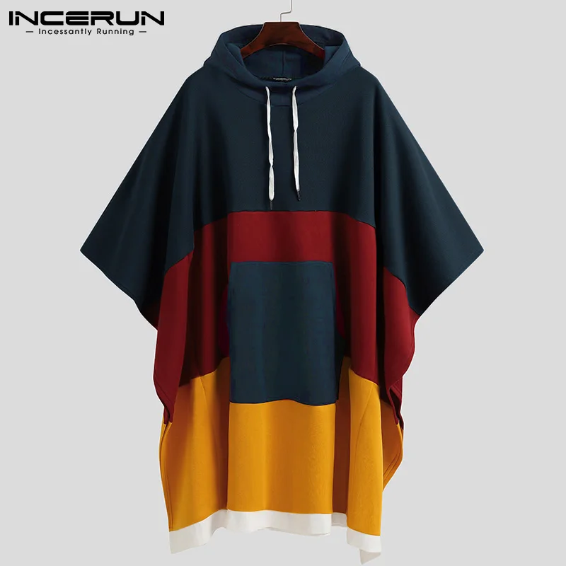 

Men Patchwork Hoodies Loose Oversized Hooded Cloak Pockets Casual Sweatshirts Streetwear 2021 Fashion Men Ponchos 5XL INCERUN 7