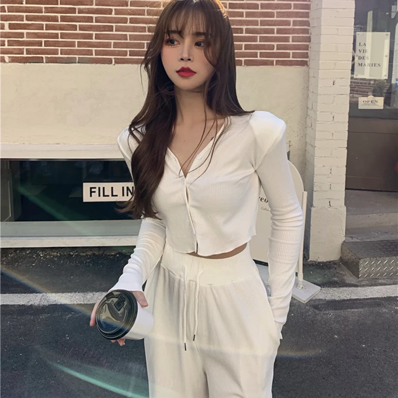 

Women Casual Two Piece Set Fashion Full Sleeve Knitted Cardigan Top High Waist Wide Leg Long Pant Suits Ladies 2 Piece Outfits
