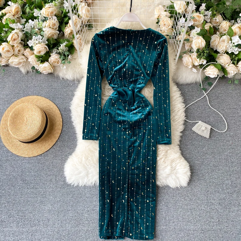 

Autumn Winter Women's Party Bodycon Dress Vintage V-Neck Single Breasted Long Sleeve Velvet Vestidos Female Fall 2021 Fashion