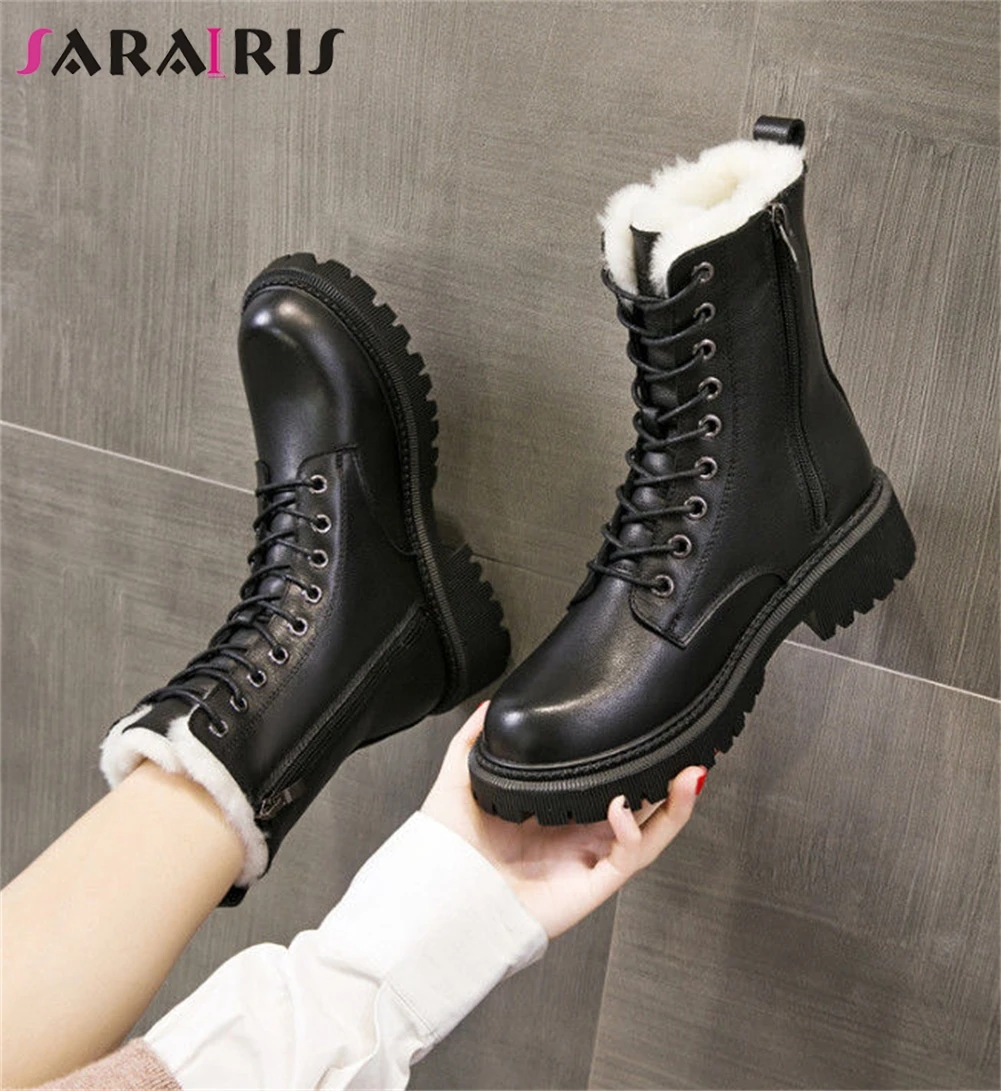 

SARAIRIS Winter Warm Women Ankle Boots Platform Chunky Heels Plush Zip Ladies Motorcycle Boots 2021 Street Fashion Shoes