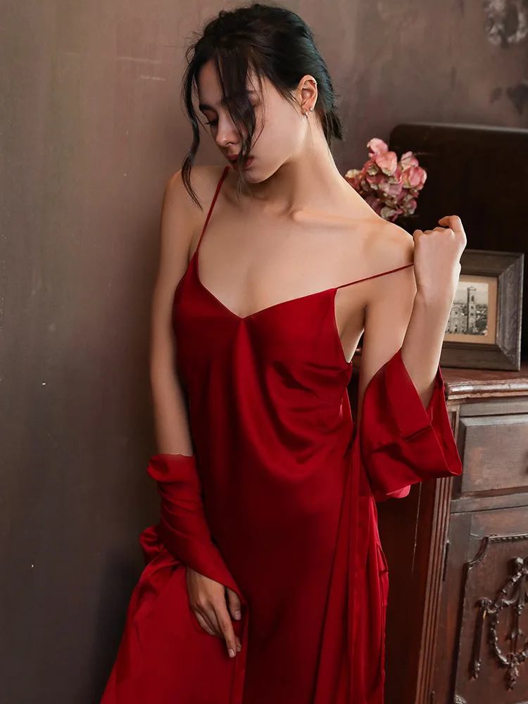 

Women's Pajama Suspender Two Piece Set Ice Silk Summer Women's Thin Silk Kimono Nightgown Sexy Morning Gown Lace Up Bathrobe