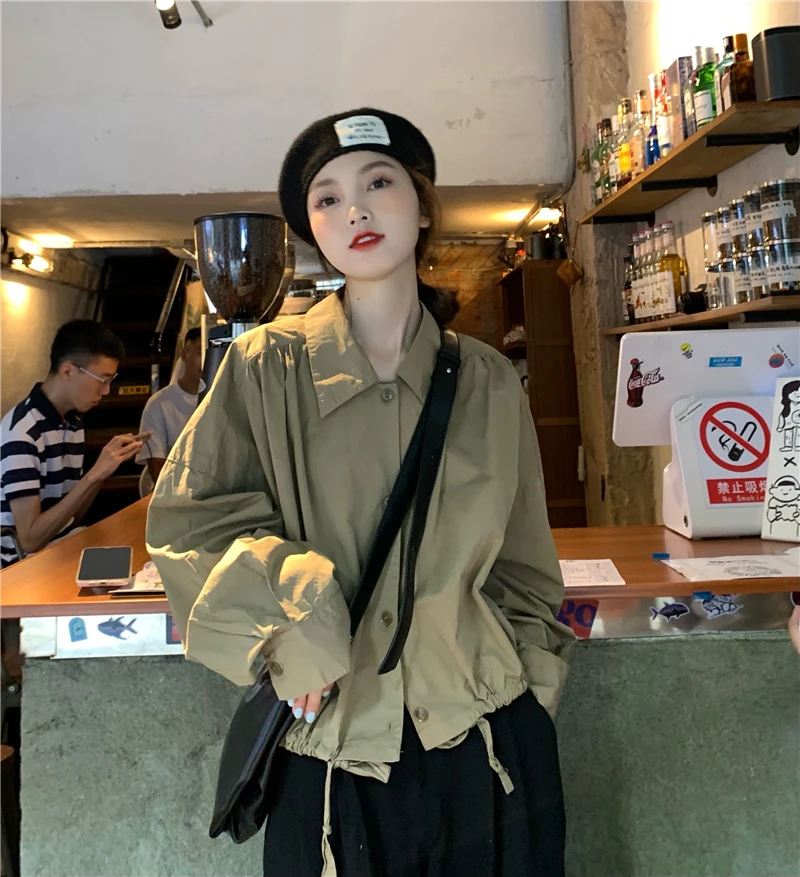 

Весенне-осенняя Повседневная модная рубашка Женская свободная Корейская куртка с рукавами-фонариками однобортная модная женская куртка