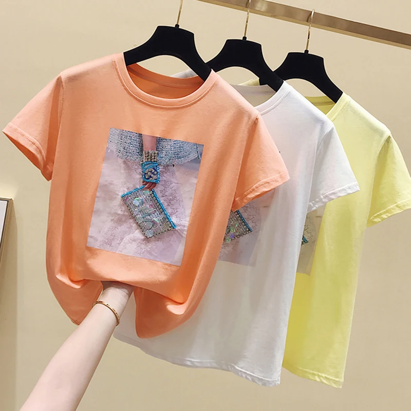 

Shintimes T-Shirt Female Diamonds T Shirt Women Summer Sequins Womens Tops 2020 New Print Cotton Woman Clothes Tee Shirt Femme