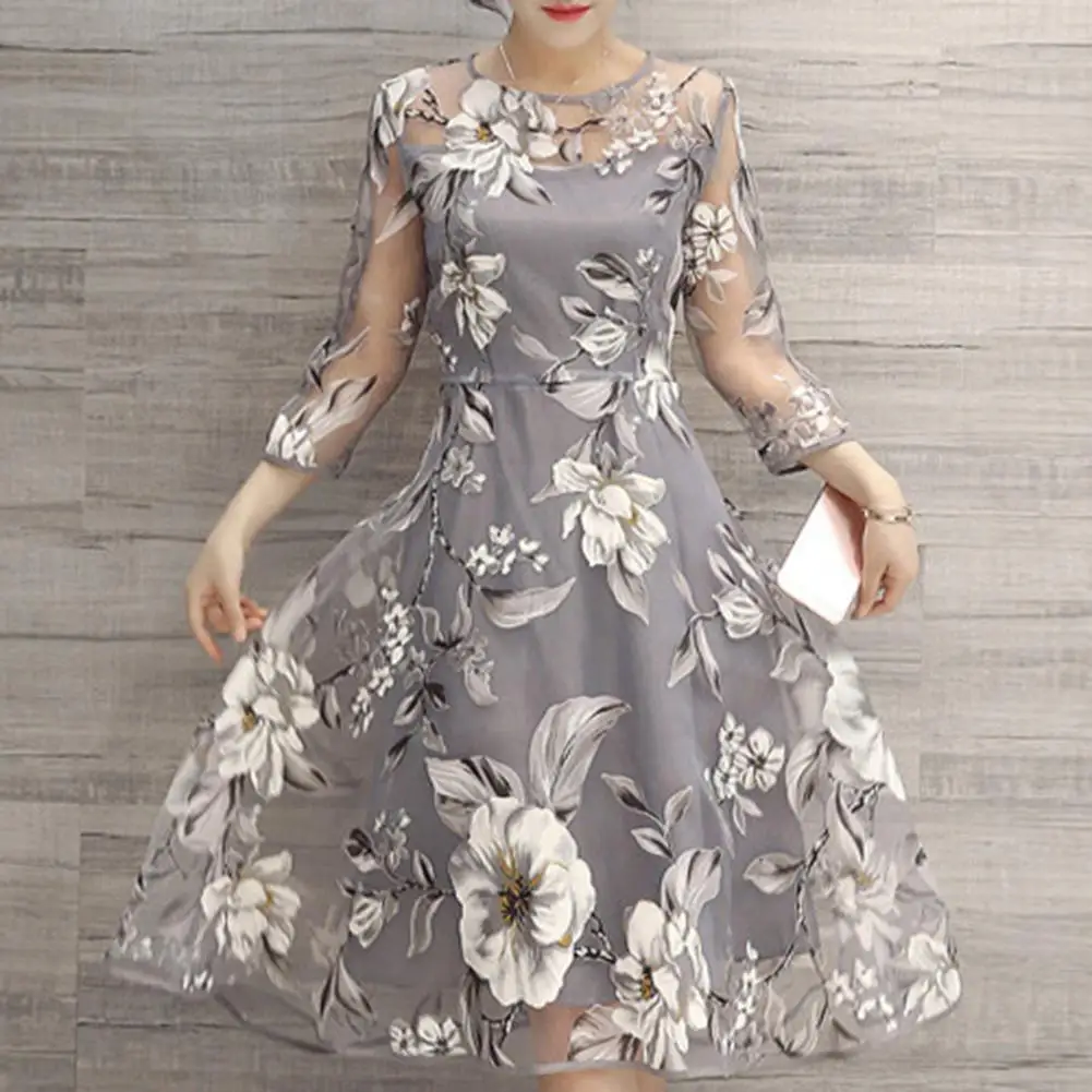

Women Dress Summer O Neck 3/4 Mesh Sleeve Floral Print Large Swing Double Layer Midi Dress 3 Colors Lady Elegant Party Dresses