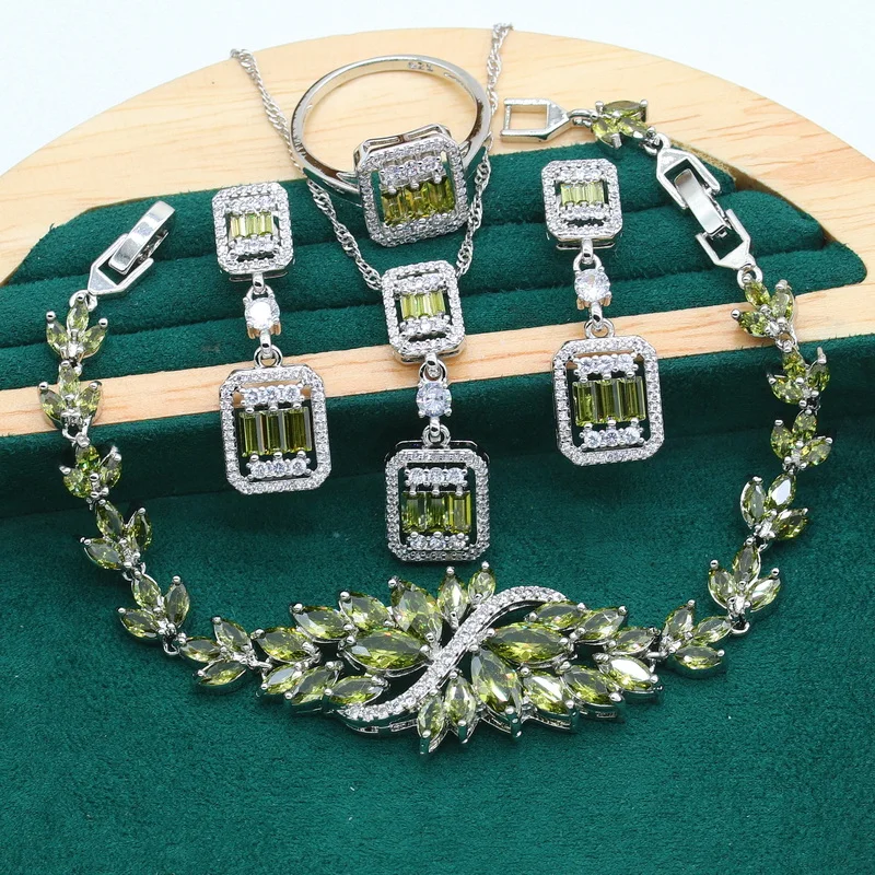 

Exquisite Olive Green Zircon 925 Silver Jewelry Sets for Women Wedding Bracelet Earrings Necklace Pendant Ring Halloween Gift