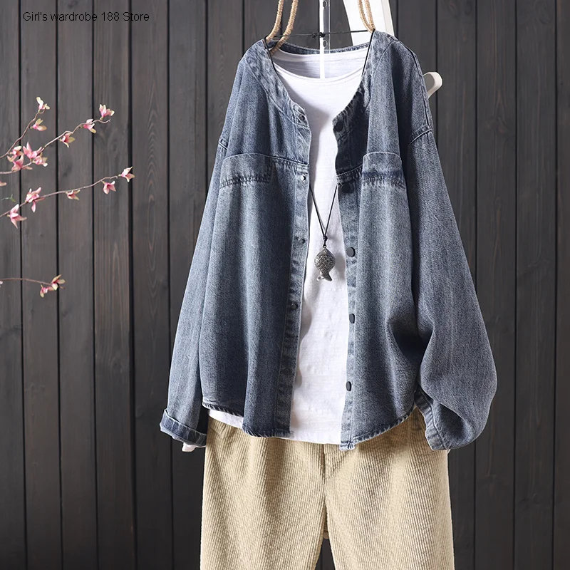 

Autumn solid color worn-out white round neck long sleeve button down Denim Jacket Women's commuting art RETRO top